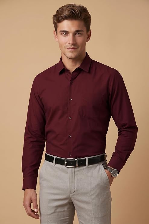 Tailmont Premium Solid Formal Shirt – Burgundy photo