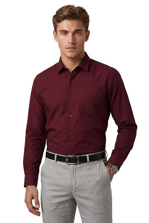Tailmont Premium Solid Formal Shirt – Burgundy photo