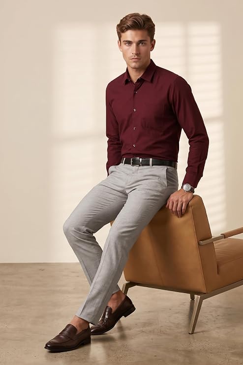 Tailmont Premium Solid Formal Shirt – Burgundy photo